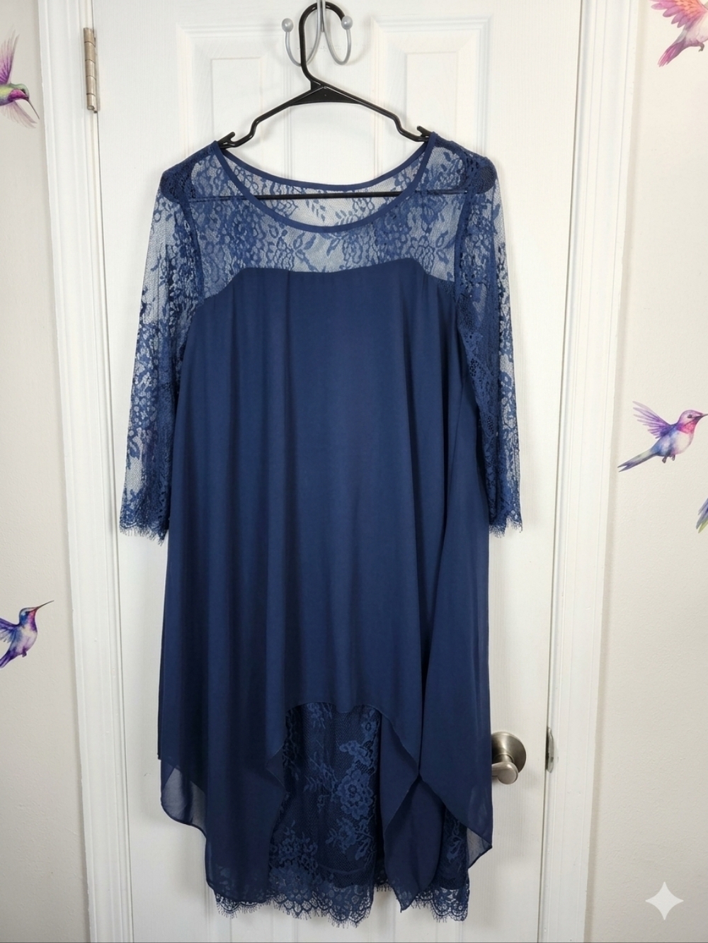 Dusty Navy Lace & Chiffon Hi-Low Dress Wedding Guest Romantic Whimsygoth M